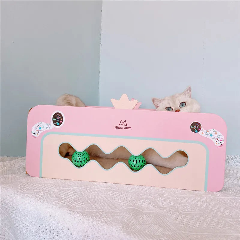 Rosa Katzen Kratzmöbel mit Spielzeug – Kratzbrett und Kratzbox für Katzen